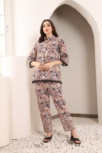 Blue & Brown Cotton Coord Set festooned with threadwork sequins & digital prints