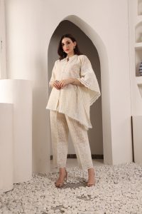 Half Kaftan Half Sleeves Beige Nude Cotton Coord Set (Without Guthi)