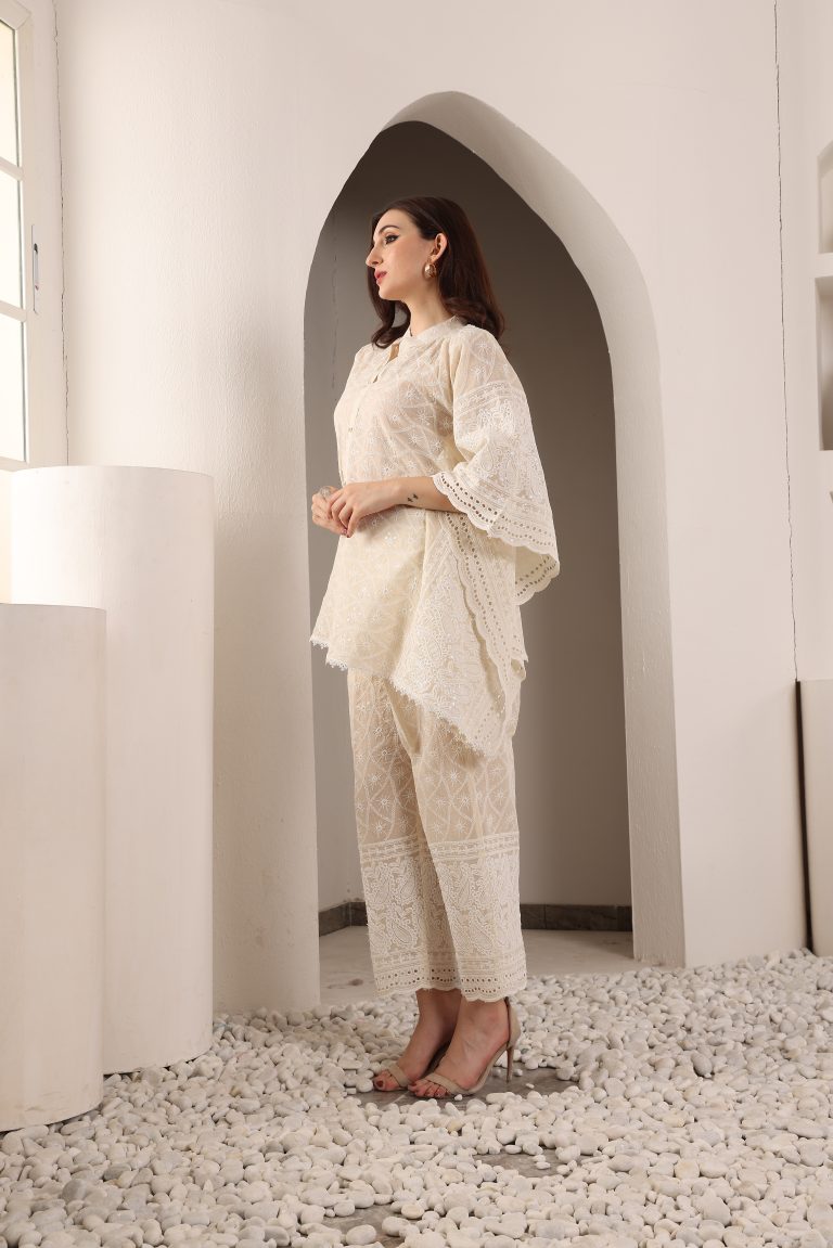 Half Kaftan Half Sleeves Beige Nude Cotton Coord Set (Without Guthi)
