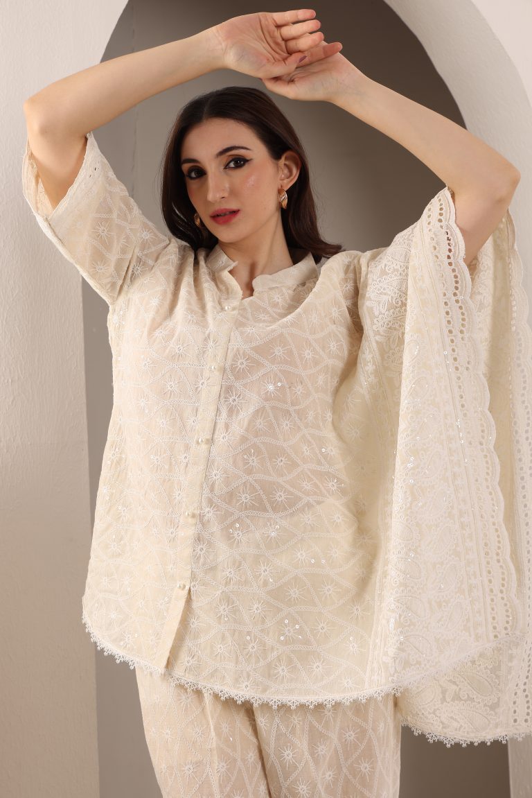 Half Kaftan Half Sleeves Beige Nude Cotton Coord Set (Without Guthi)