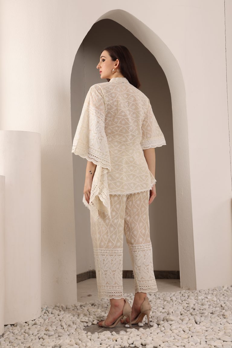 Half Kaftan Half Sleeves Beige Nude Cotton Coord Set (Without Guthi)