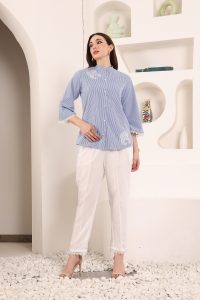 Blue Strips Cotton Embroidered Shirt with Lace-Decorated White Cotton Pant